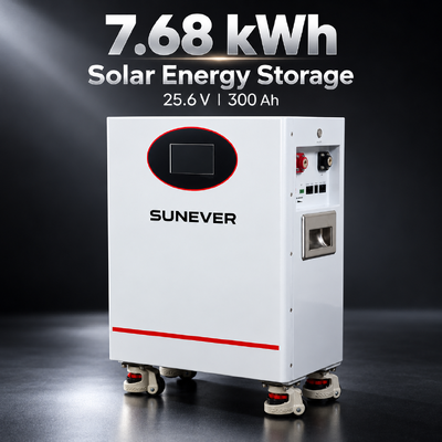SUNEVER 7.68kWh 25.6V 300Ah LiFePO4 リチウムソーラーバッテリー ホームエネルギー貯蔵およびオフグリッドバックアップ電源用